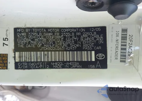 2006 Toyota Prius z USA, uszkodzony, nr VIN JTDKB22U263142937